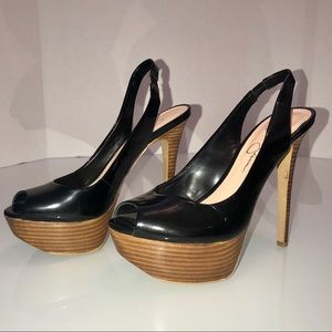 🖤 Black Open Toe Slingback Heels w/ Wood Platform